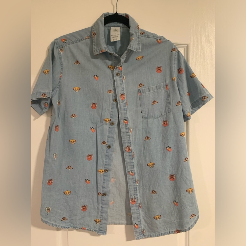Disney Lion King Print Light Blue Denim Button Down Shirt with Character Print